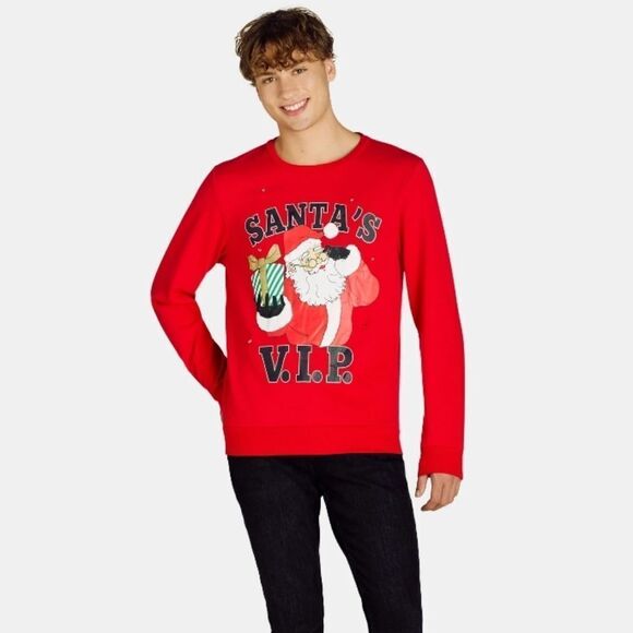 Holiday Time Men's Christmas Santa VIP Light Up Crewneck Fleece Sweatshirt - Picture 8 of 11